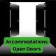 Image of doors opening from darkness to light with the text "accommodations Open Doors"