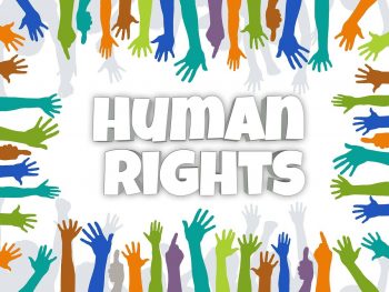 Image with text "Human Rights" surrounded by multi color character hands. It is meant to represent Civil Rights and Disability Justice.