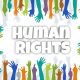 Image with text "Human Rights" surrounded by multi color character hands. It is meant to represent Civil Rights and Disability Justice.
