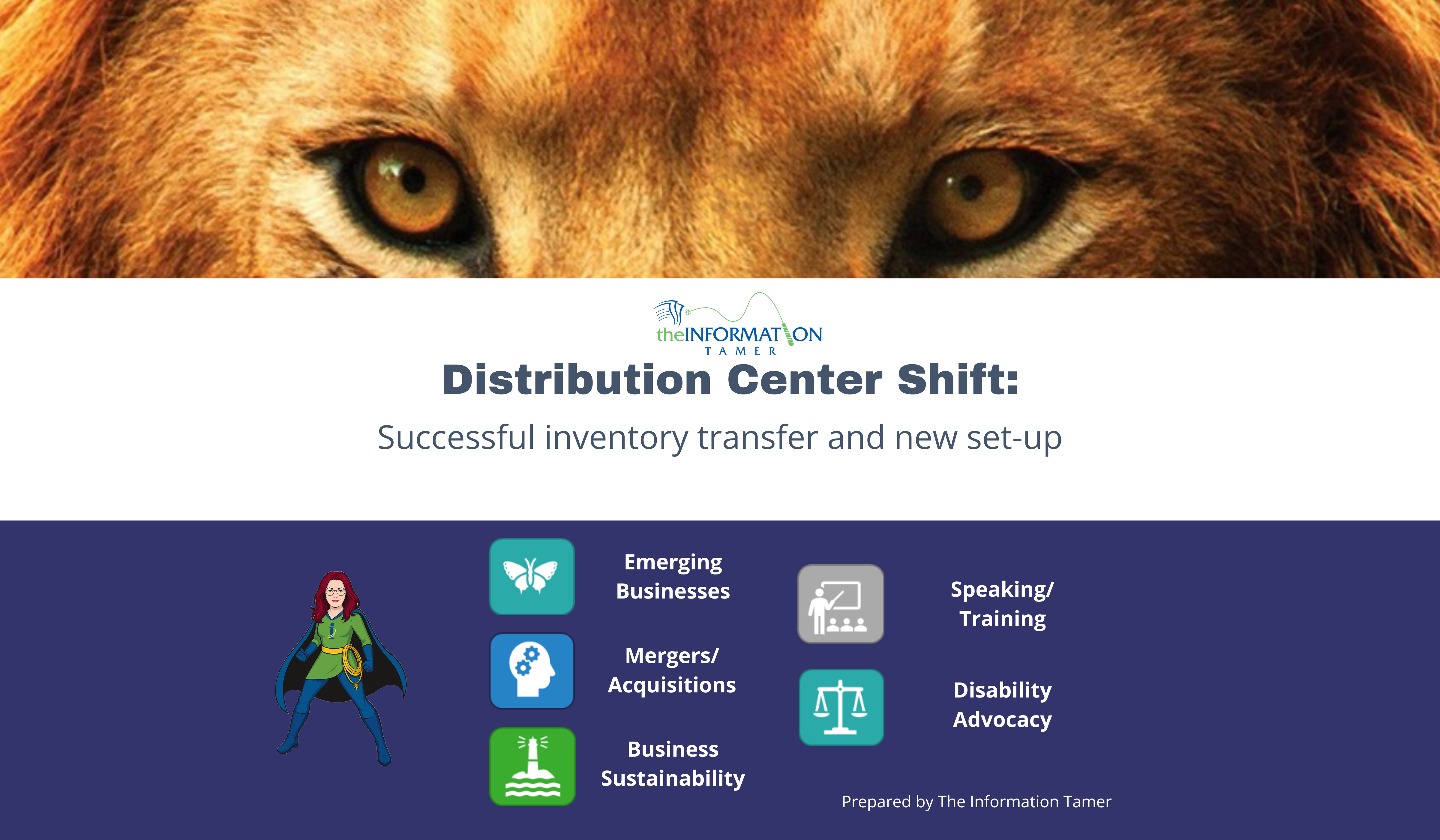 Cover image with lion's eyes peering over the Title of Distribution Center Shift: Subtitle - Successful inventory transfer and new set-up Under contains the Information Tamer Avatar with icons representing: Emerging Businesses Mergers/ Acquisitions Business Sustainability Speaking/ Training Disability Advocacy