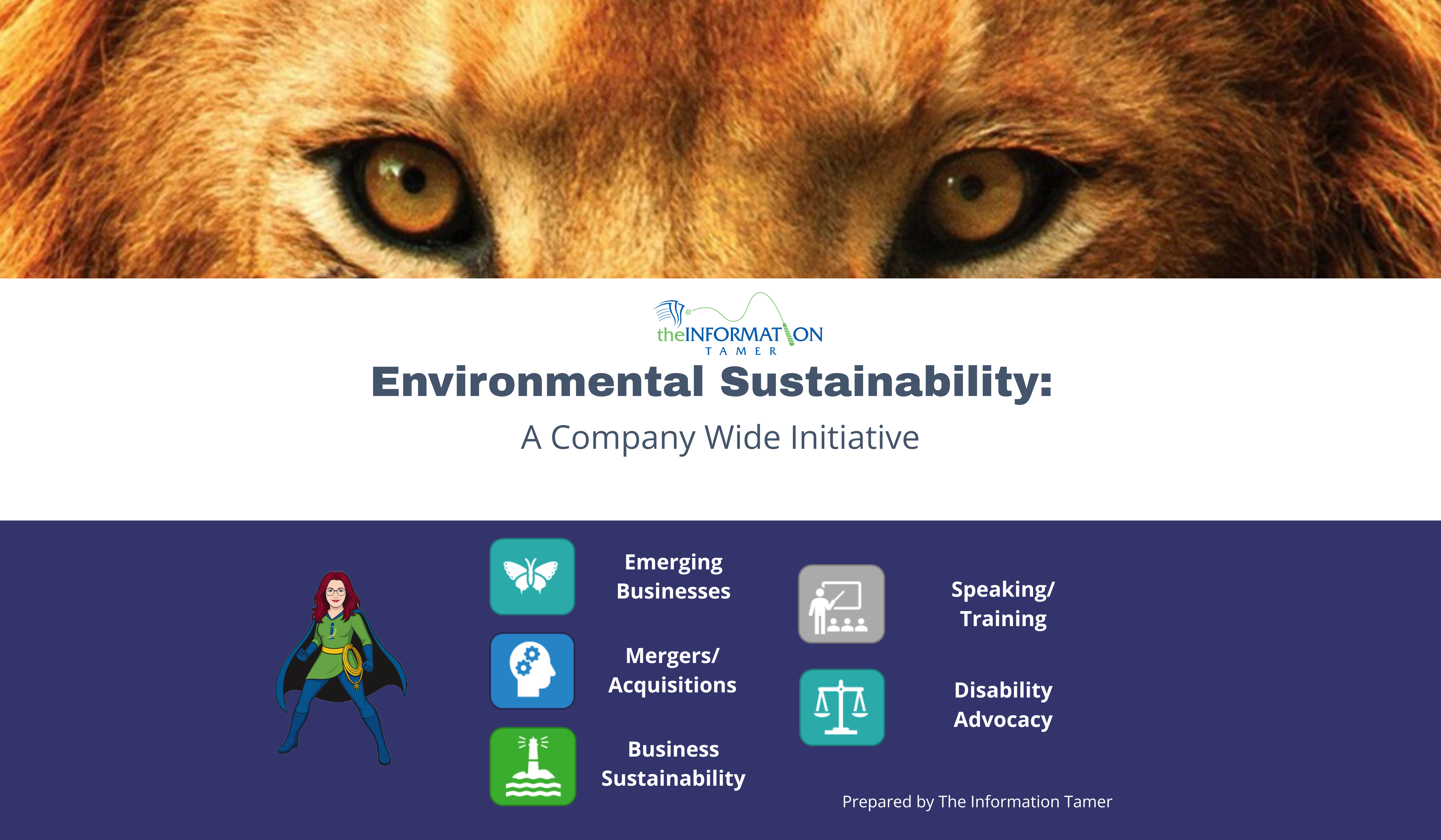 Cover image with lion's eyes peering over the Title of Environmental Sustainability: Subtitle - A Company Wide Initiative Under contains the Information Tamer Avatar with icons representing: Emerging Businesses Mergers/ Acquisitions Business Sustainability Speaking/ Training Disability Advocacy