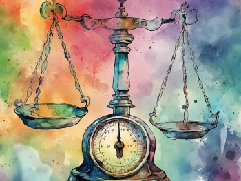 Balance scales graphic with a vibrant watercolor style backdrop