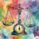 Balance scales graphic with a vibrant watercolor style backdrop