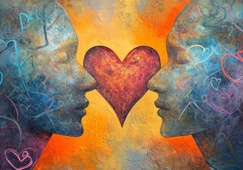 Two graphic style faces facing each other with a heart between them.