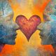Two graphic style faces facing each other with a heart between them.