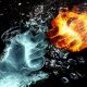 Two fists colliding. One of fire, one of water